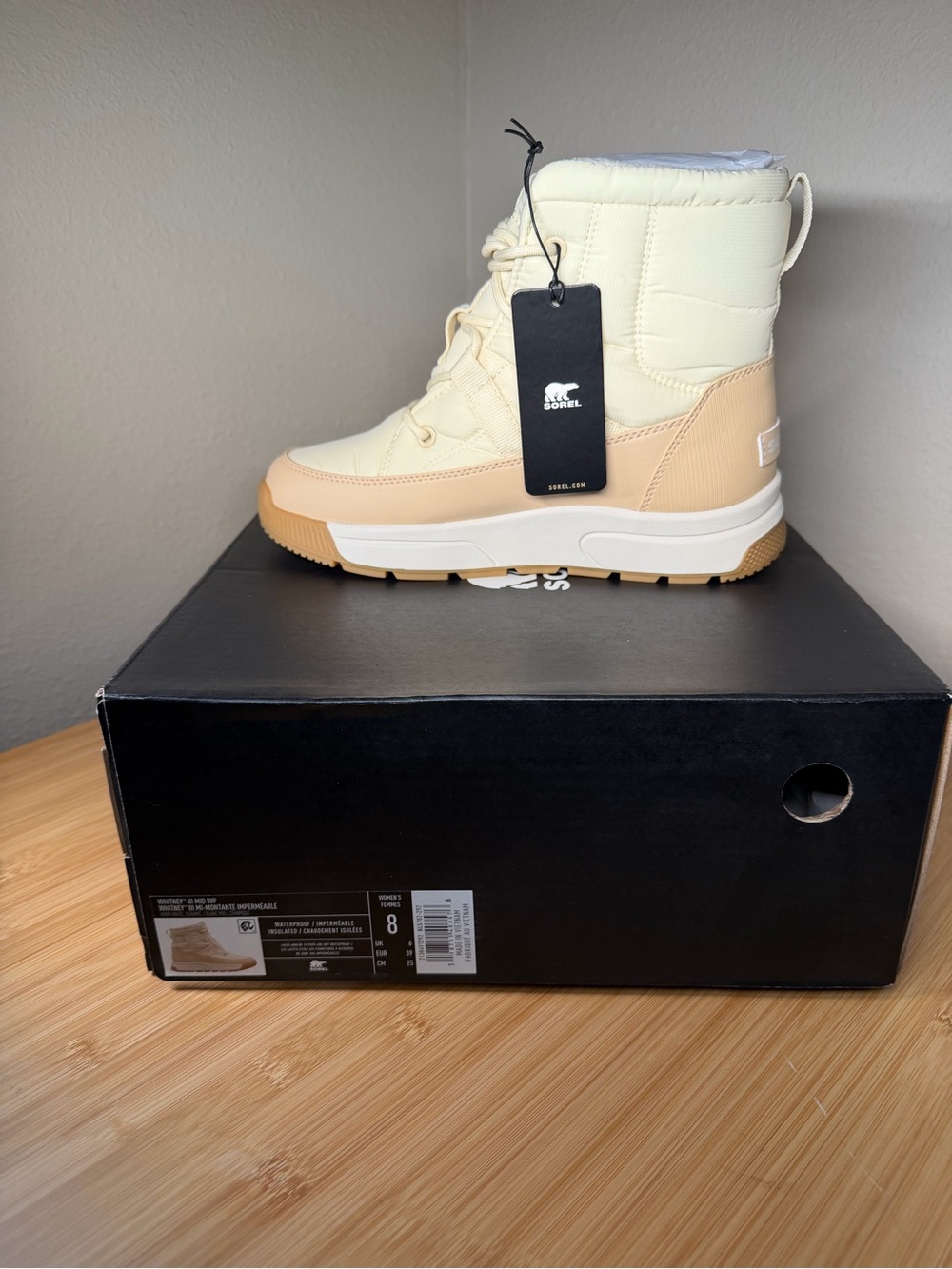 Sorel Women's Whitney III Honey White/ Ceramic Mid Waterproof Boot NIB Size 8